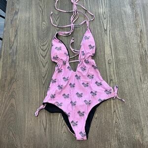 NWOT Jacque Designs One-Piece Bathing Suit Palm Tree Print High Cut Pink Size XL